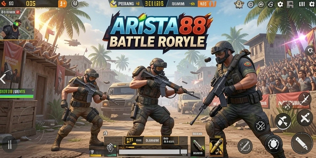 Screenshot ARISTA88 menampilkan aksi Battle Royale yang mendebarkan.