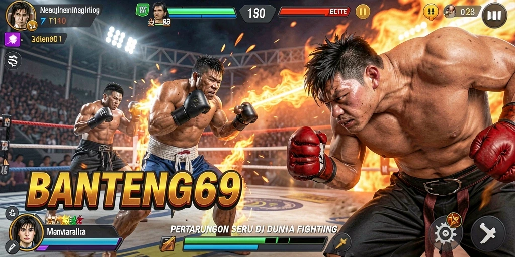 Screenshot gameplay BANTENG69 yang menunjukkan pertarungan seru antar karakter.