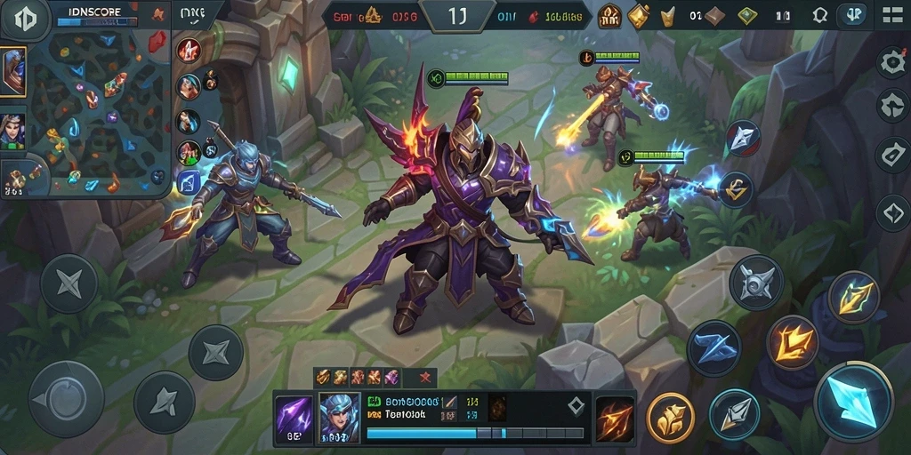 Screenshot IDNSCORE menampilkan aksi seru gameplay MOBA.