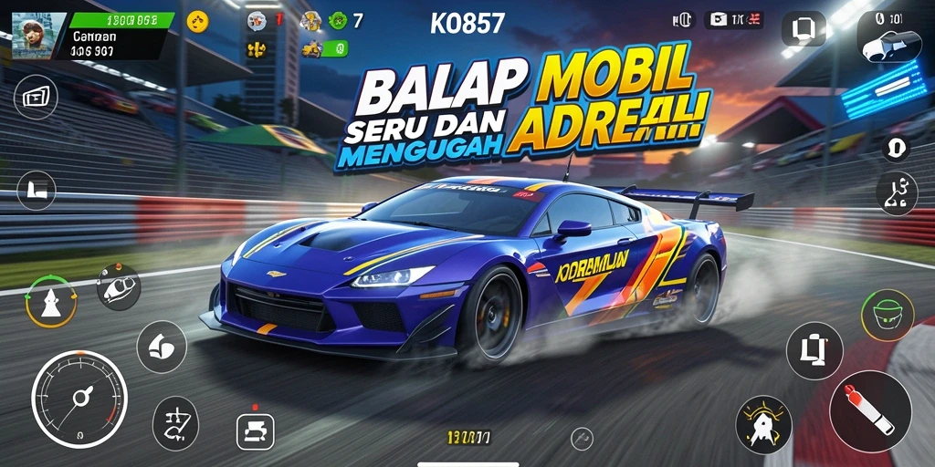 Screenshot KO857 menampilkan aksi balapan yang mendebarkan dan mobil yang cepat.