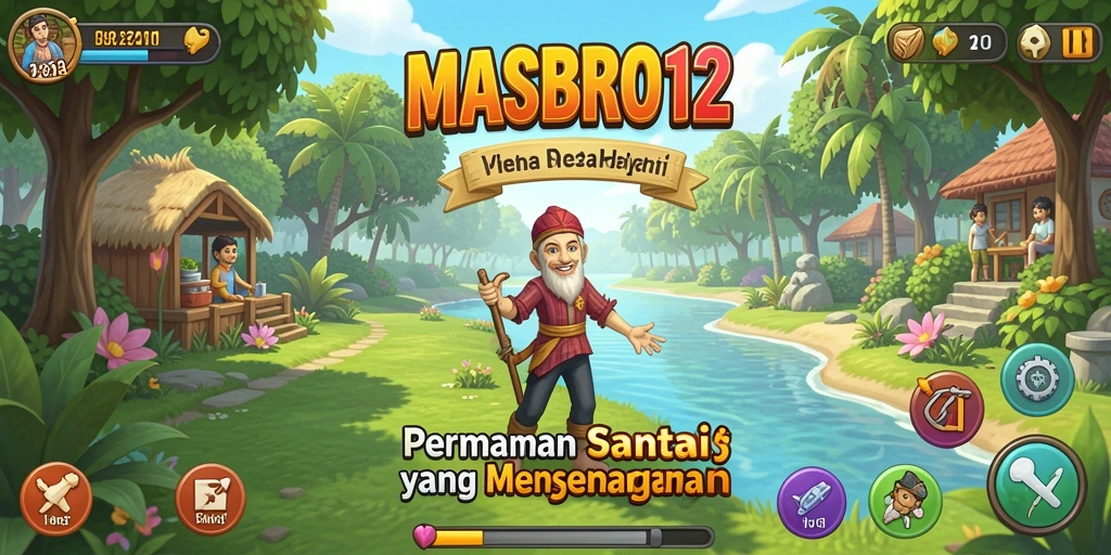 Screenshot utama menunjukkan keseruan gameplay <strong>MASBRO12</strong> di lingkungan yang cerah.