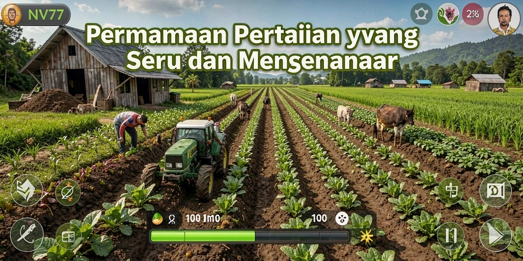Tampilan gameplay NV77 yang menampilkan kebun yang subur dan penuh warna.