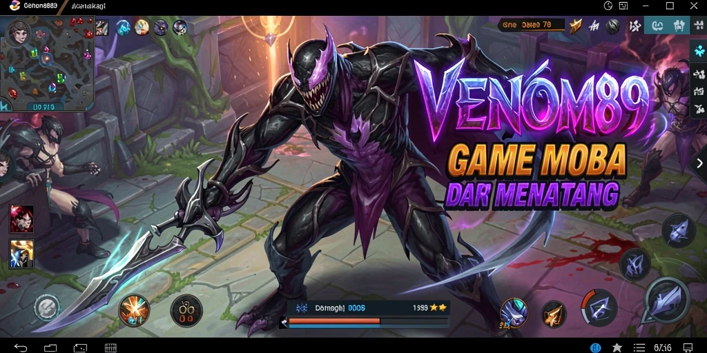 Tampilan gameplay seru dari VENOM889 dalam pertarungan tim MOBA.