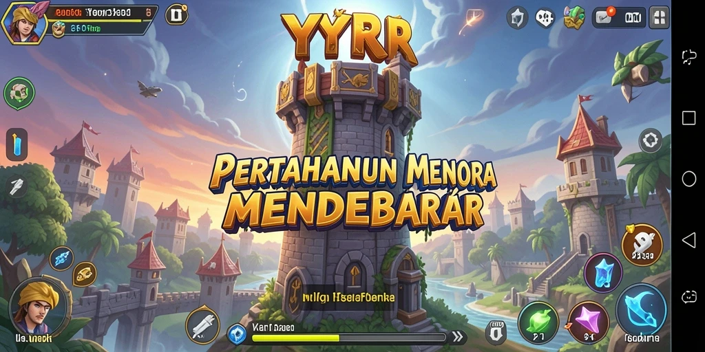 Screenshot utama menampilkan gameplay menara pertahanan yang strategis di YYRR.