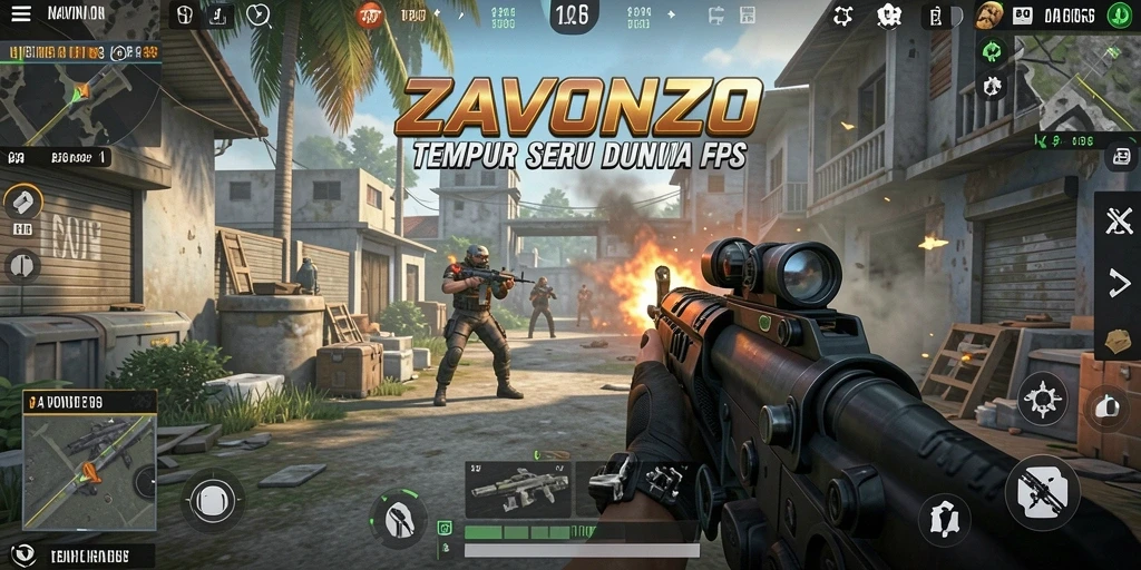 Screenshot ZAVONZO menampilkan aksi tembak-menembak yang mendebarkan.